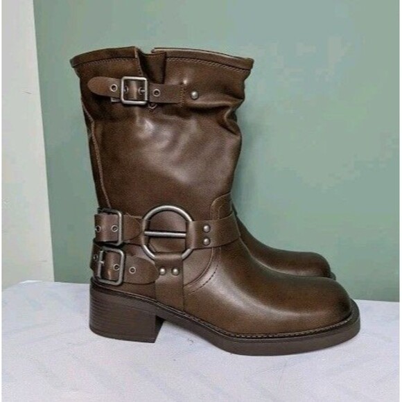 Women Mid Calf Boots PU Square Toe Motorcycle Adjustable Buckles Riding 8.5 & 9 - Picture 3 of 14